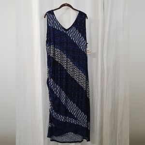 INC 3X Blue Black Jersey Knit Maxi Dress Batik Blue Asymmetrical Stripe Shirring